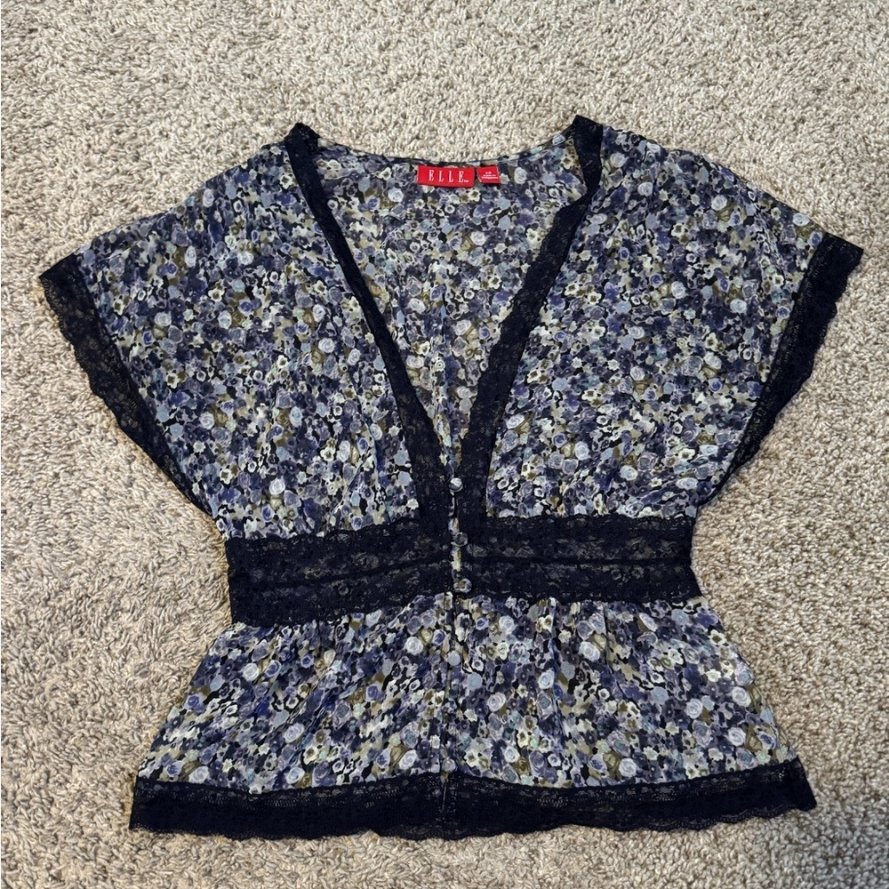 Elle Button Up Floral Blouse Top Lace Trim Women’s Size XS